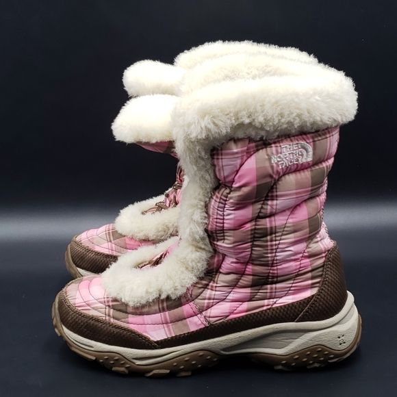 The North Face Nuptse Goose Down and Fur Winter Boots-Pink Plaid Girls Size 5 - Picture 5 of 12